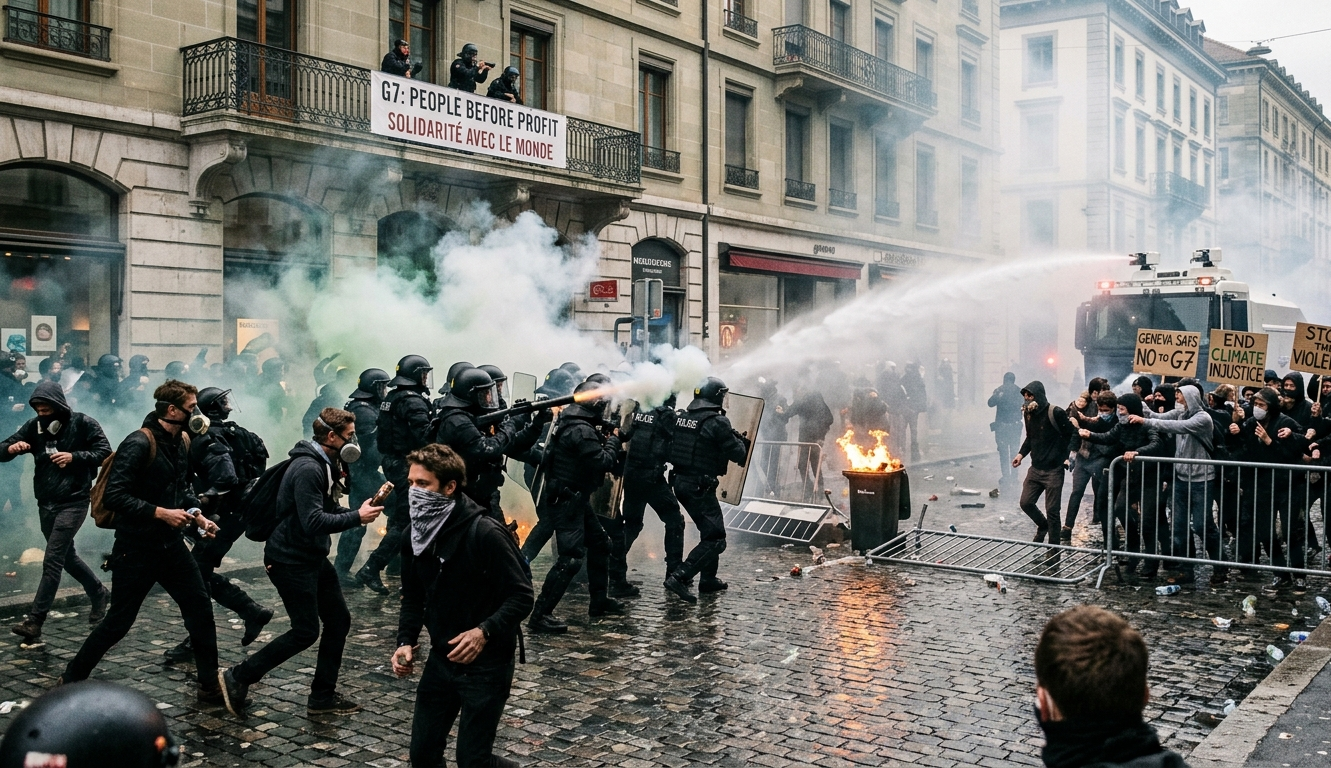 Geneva G7 Protest Turns Violent as Police Deploy Tear Gas and Water Cannon