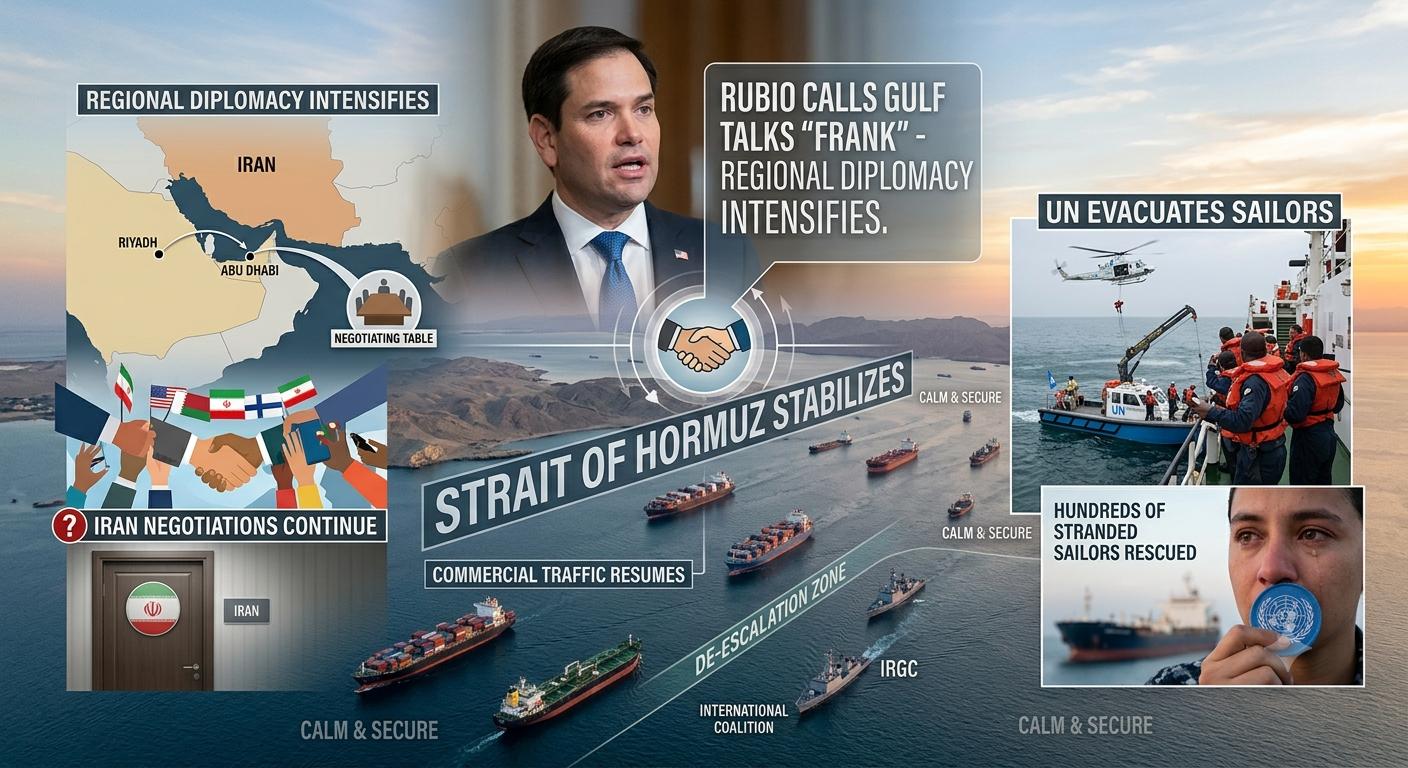 Rubio calls Gulf talks frank as Iran negotiations continue, Strait of Hormuz stabilizes, UN evacuates sailors, and regional diplomacy intensifies.