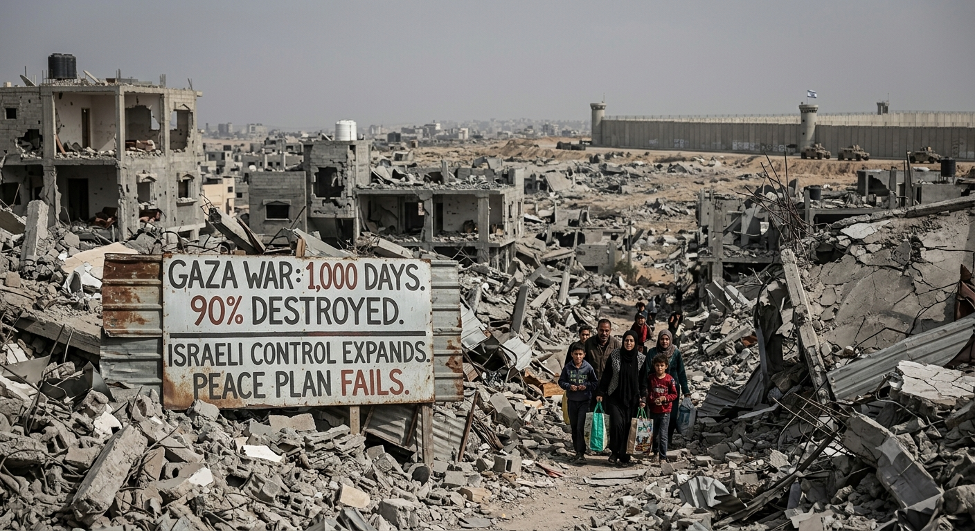 Gaza War 1,000 Days: 90% Destroyed, Israeli Control Expands as Peace Plan Fails